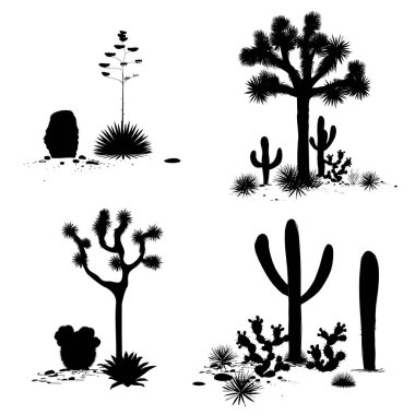 Kaktüsler manzara grupları anahat. Vektör saguaro, inciri ve agav siluetleri ile ayarla. Siyah ve beyaz afiş, metin için yer