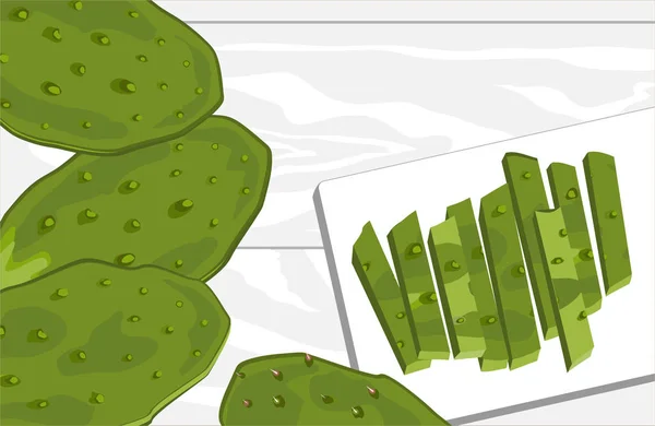 Paleta Nopal Cactus Pelada Cortada Con Fruta Pera Espinosa Ingrediente — Vector de stock