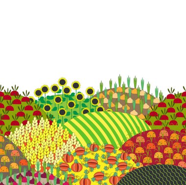 Karikatür kırsal manzara hills ve alanları, vektör çizim ile.