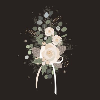 Noel buket düzenlenmiş okaliptüs, gül, çam kozalakları, bitkileri ve meyveleri karışımı. Noel tasarım