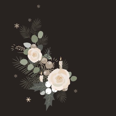 Noel arka plan. Noel çerçeve öğesi çam dalları ve çam kozalakları dekorasyon rustik öğeleri yapılmış. Vektör, beyaz arka plan üzerinde zarif pastel paleti