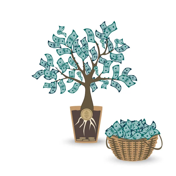 Árbol de dinero con raíz de moneda. Árbol verde de billetes en efectivo en maceta de cerámica y cesta de dinero. Cosecha e inversión empresarial y concepto de ingresos — Vector de stock