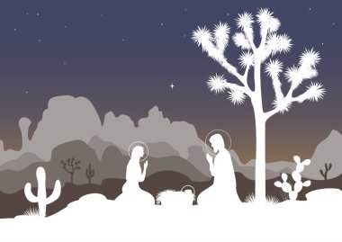 Aile ve Joshua tree, kaktüs ve dağlar arka plan aziz. Vektör çizim