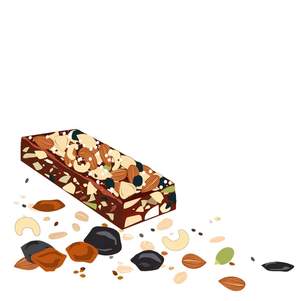 オート麦、乾燥されたフルーツ、白い背景の上のビューの上のスーパー フード朝食バー — ストックベクタ