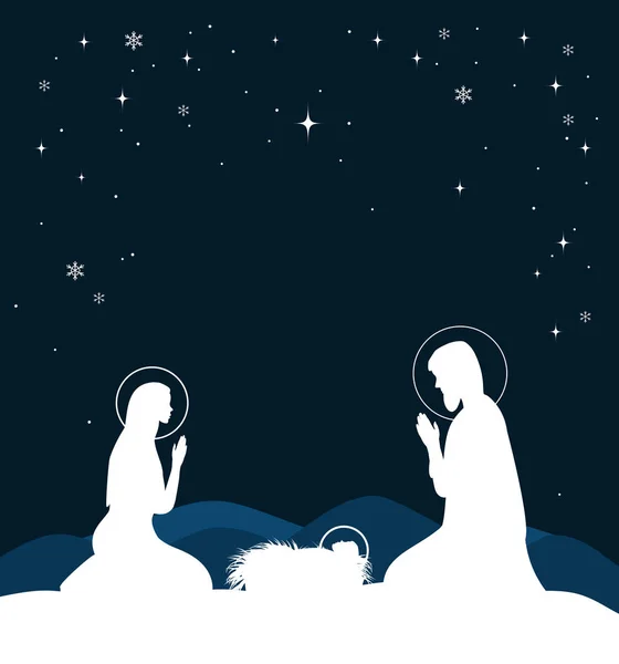 Escena cristiana de Navidad con el nacimiento de Jesús y la estrella brillante en el cielo azul, ilustración . — Vector de stock