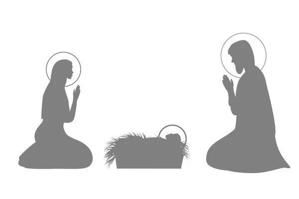 Ісус Христос історія ілюстрація набір з Марія, Йосип і немовляти Ісуса силует. — стоковий вектор