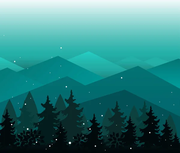 Vector Background with Mountains and fir trees silhouettes. Evening or fairy night landscape — Stock Vector