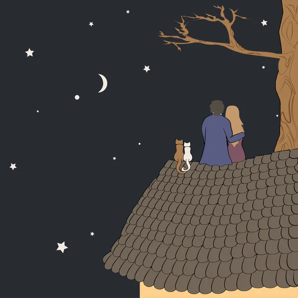 Векторная Иллюстрация Любящей Пары Сидящей Крыше Смотрящей Луну Звездами Ночном — стоковый вектор