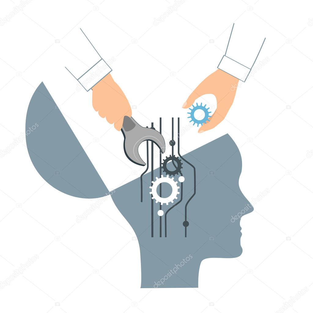 NLP or Neuro-Linguistic Programming concept. Open Human Head and a Hand with a Wrench. Manipulation, Mental health, personal development, and psychotherapy icon.