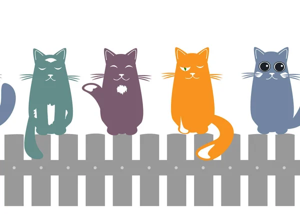 Cute seamless pattern background with cats seating on the fence. Vector illustration. — Stock Vector