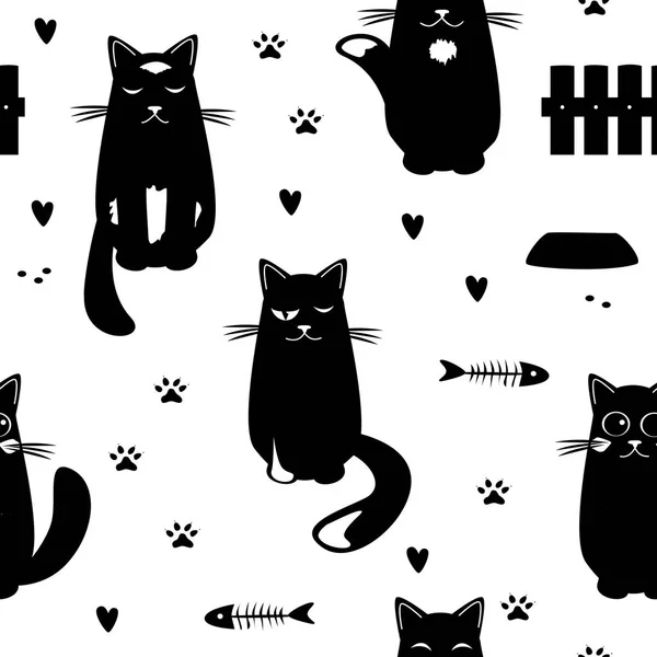 Vector seamless pattern with black cats, fish skeletons, hearts, and paw prints. Cartoon hand drawn design for children. — Stock Vector