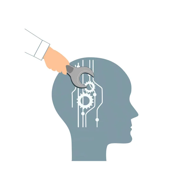 NLP or Neuro-Linguistic Programming concept. Open Human Head and a Hand with a Wrench. Manipulation, Mental health, personal development, and psychotherapy icon. — Stock Vector