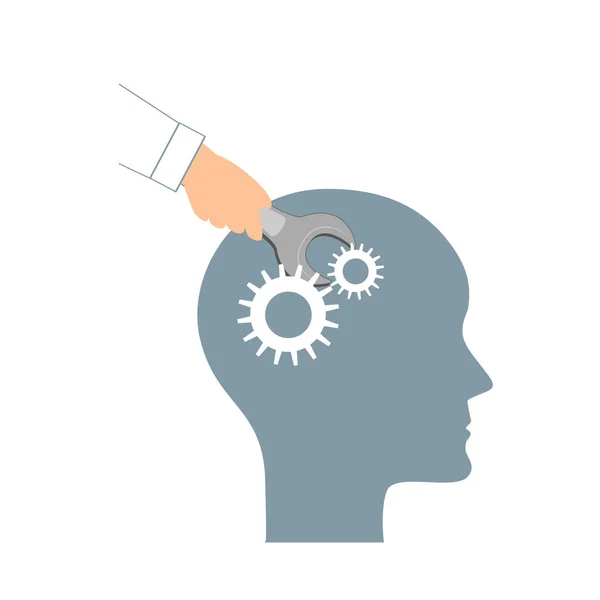 NLP or Neuro-Linguistic Programming concept. Open Human Head and a Hand with a Wrench. Manipulation, Mental health, personal development, and psychotherapy icon. — Stock Vector