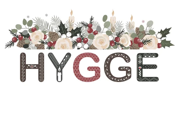 Hygge lettering with floral Christmas composition in cozy doodle style — Stock Vector