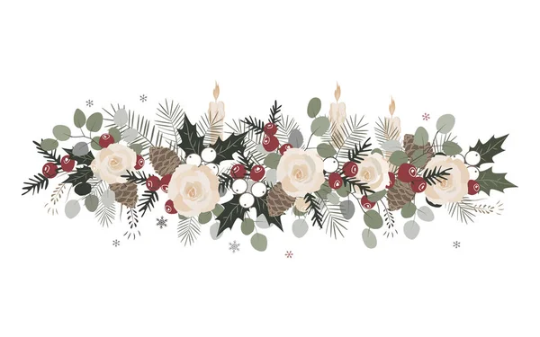Vector Christmas border with fir branches, beriies, roses, ilex and cones. Decoration design element — Stock Vector