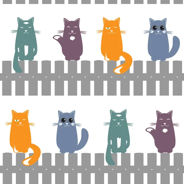 Cute seamless pattern background with cats seating on the fence. Vector illustration — Stock Vector