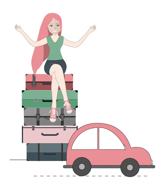 Donna viaggiatore felice seduto su valigie e la macchina pronta ad andare. Illustrazione vettoriale — Vettoriale Stock