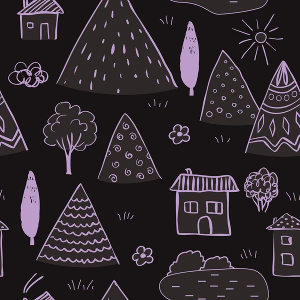 Paisagem rural padrão sem costura. Mão desenhado doodle montanhas, casas bonitos e árvore. Fundo vetorial — Vetor de Stock