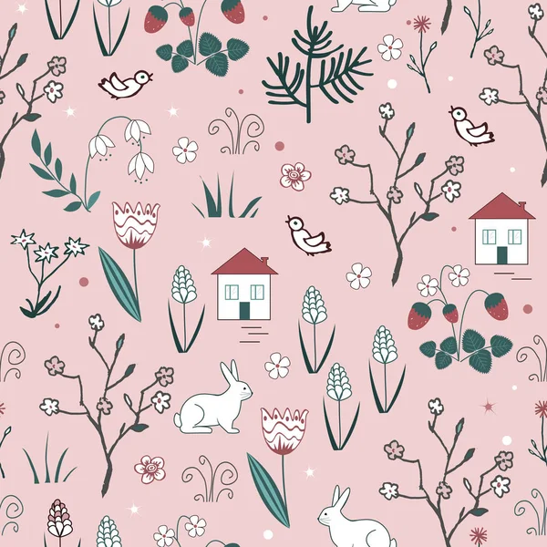 Cute spring vector seamless pattern with cartoon doodle flowers, blooming trees, hares, birds and houses. — Stock Vector