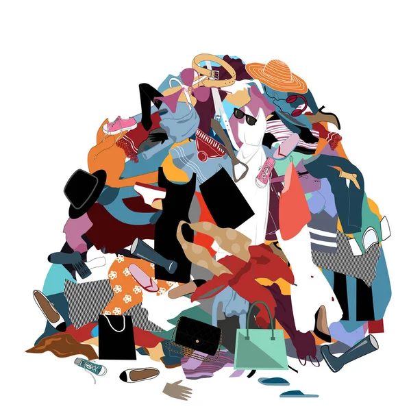 Vector Illustration with a Messy Pile of Dirty Laundry. Big pile of useless clothes. Nothing to wear concept, home stuff and rubbish — Stock Vector