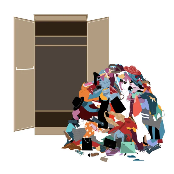 Pile of messy girl or lady clothes gotten out of closet. Untidy cluttered woman wardrobe. — Stock Vector