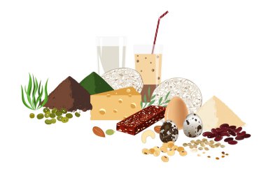 Vejetaryen Sağlıklı yiyecekler kavramı. Ham tohumlar, granola bar, fasulye ve süt productds kümesi. Protein arka plan