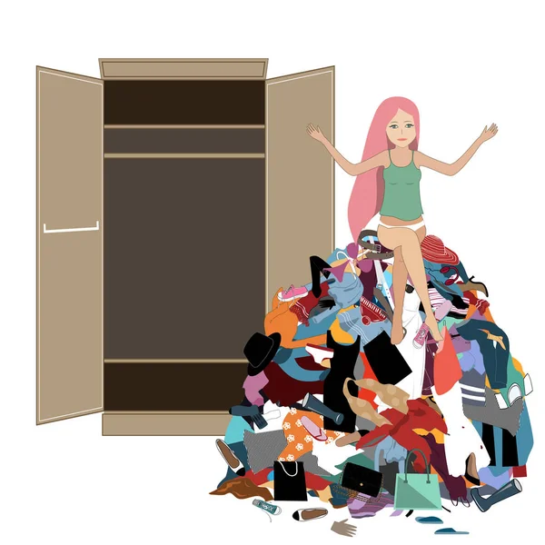 Nothing to wear concept, young attractive stressed woman seating in a pile of messy clothes gotten out of closet. Vector illustration — Stock Vector