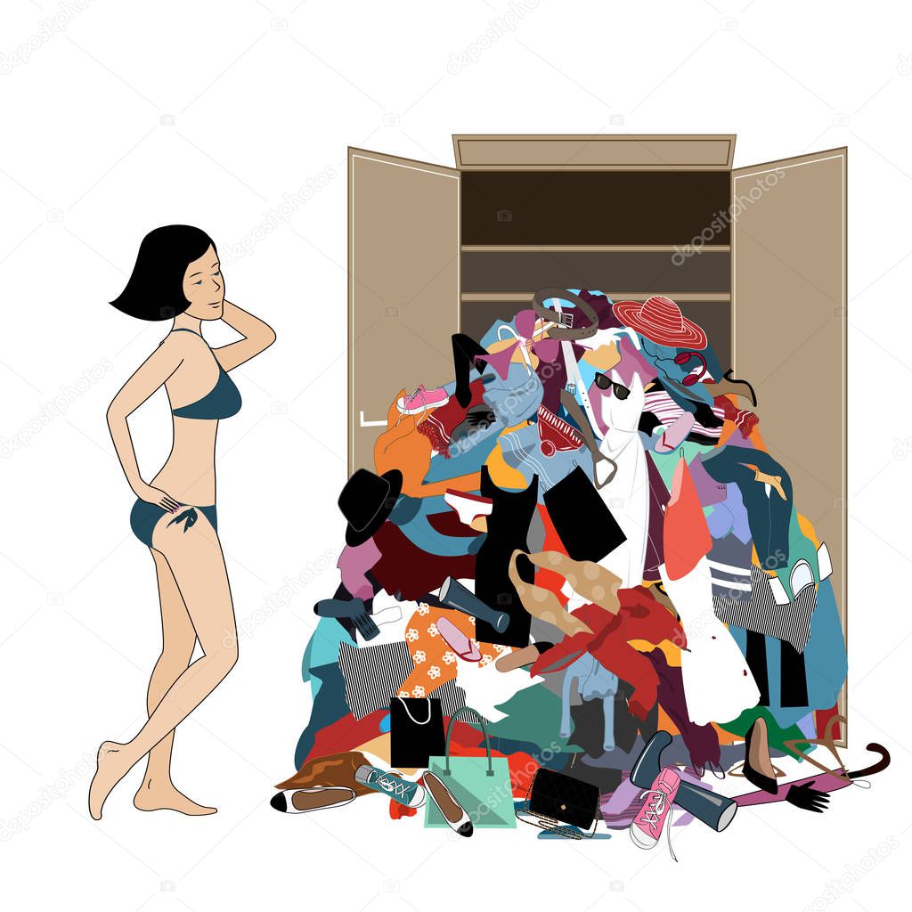 Nothing to wear concept, young attractive stressed woman looking at a pile of messy clothes gotten out of closet. Vector illustration