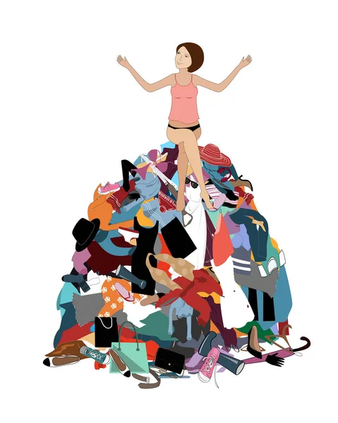 Nothing to wear concept, young attractive stressed woman seating in a pile of messy clothes gotten out of closet. Vector illustration — Stock Vector