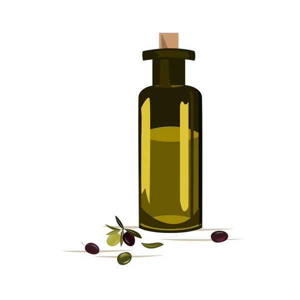 Botella de vidrio con aceite de oliva y aceitunas aisladas en blanco. Ilustración vectorial — Vector de stock