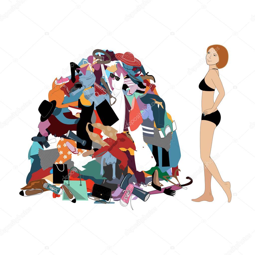Nothing to wear concept, young attractive stressed woman looking at a pile of messy clothes gotten out of closet. Vector illustration