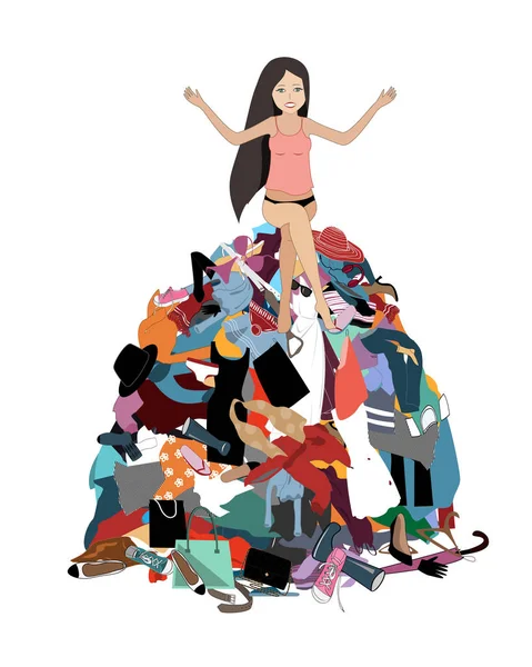 Nothing to wear concept, young attractive stressed woman seating in a pile of messy clothes gotten out of closet. Vector illustration — Stock Vector