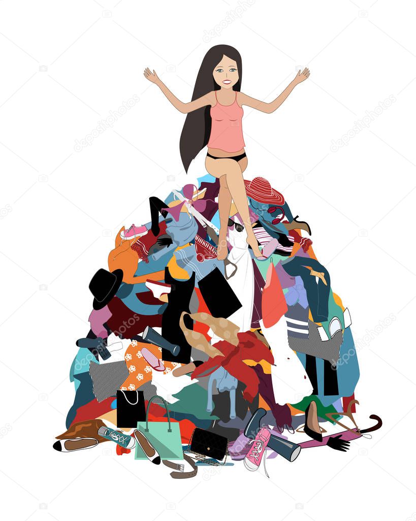 Nothing to wear concept, young attractive stressed woman seating in a pile of messy clothes gotten out of closet. Vector illustration