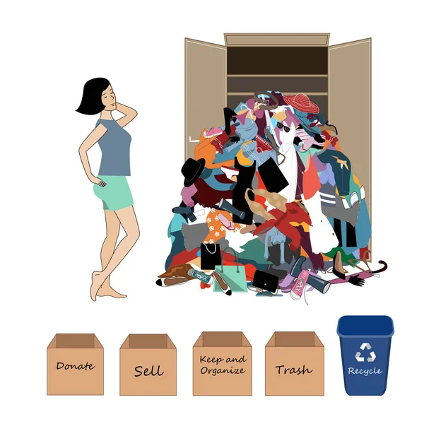 Vector Illustration with a Woman and a Big Messy Pile of Useless, Old, Cheap, and Oumoded Cothes (em inglês). Nada para usar e conceito de arranjo de guarda-roupa . — Vetor de Stock