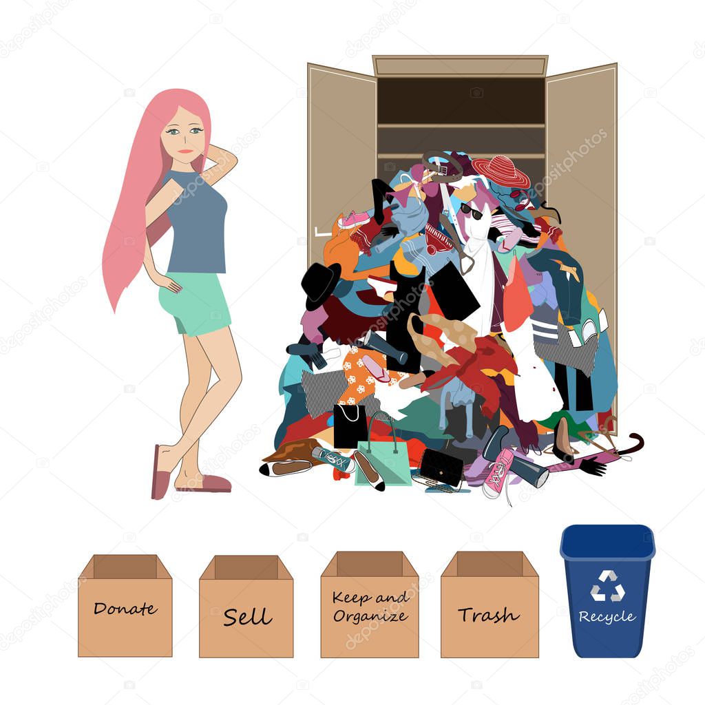 Vector Illustration with a a Woman and a Big Messy Pile of Useless, Old, Cheap, and Oumoded Cothes. Nothing to Wear, and Wardrobe Arrangement Concept.