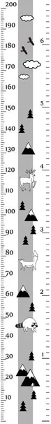 Grafico di altezza per bambini in stile scandinavo minimalista. Misuratore di parete o altezza, Santimetri e scala di pollice. Vettore in bianco e nero — Vettoriale Stock