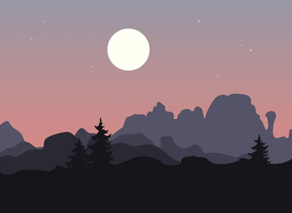 Berglandschaft mit einzelnen Bäumen unter einem violetten Nachthimmel oder Abendhimmel mit aufgehendem Mond. Vektor — Stockvektor