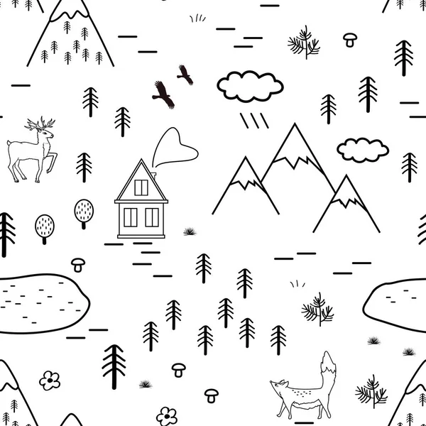 손으로 그린 동물, 나무, 호수, 산, 완벽 한 패턴으로 스칸디나비아 조 경. 스칸디나비아 스타일 전통적인 작품입니다. 벡터 — 스톡 벡터