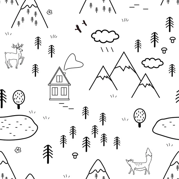 Paisagem escandinava desenhada à mão com animais, árvores, lago e montanhas, padrão sem costura. Estilo escandinavo motivos tradicionais. Vetor — Vetor de Stock