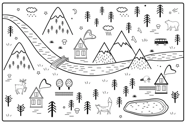 Vector River, Mountains and Woods Mapa de Aventura com Casas e Animais. Estilo escandinavo arte berçário monocromático porta ou esteira de parede — Vetor de Stock