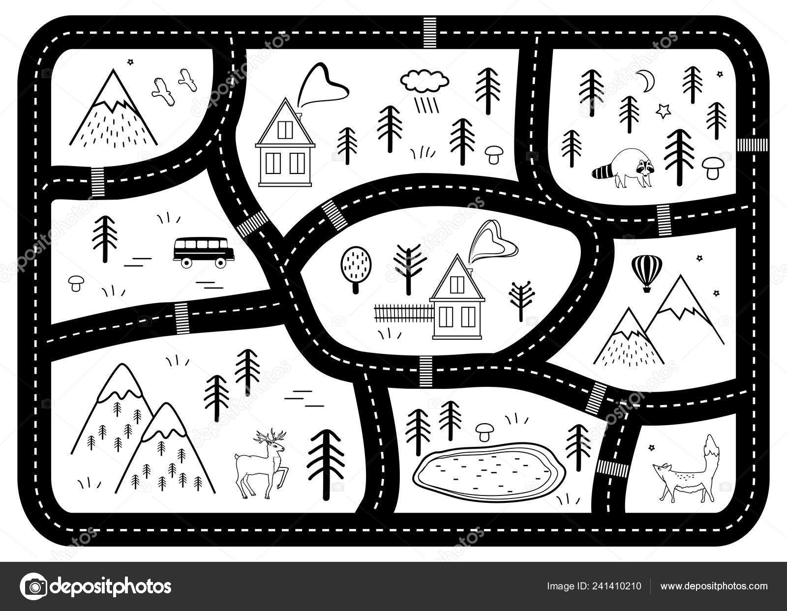Black and White Kids Road Play Mat. Vector River, Mountains and Woods