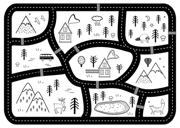 Black and White Kids Road Play Mat (em inglês). Vector River, Mountains and Woods Mapa de Aventura com Casas e Animais. Arte estilo escandinavo —  Vetores de Stock