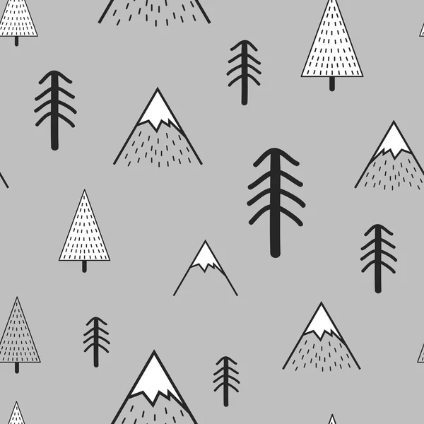 かわいい手木と山と描かれたシームレス パターン。創造的な北欧の森林の背景。フォレスト。スタイリッシュなスケッチ。ベクトル図 — ストックベクタ