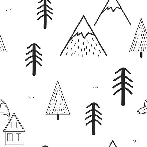可爱的手绘制无缝的模式与树木, 房子, 和山。创意斯堪的纳维亚林地背景。森林。向量例证 — 图库矢量图片
