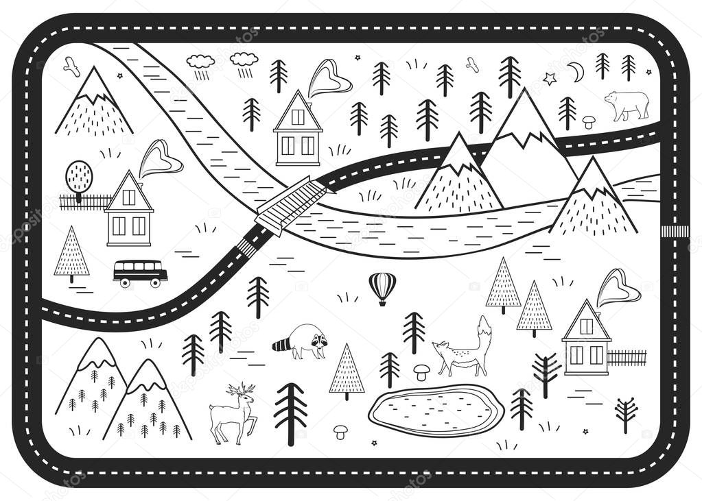 Black and White Kids Road Play Mat. Vector River, Mountains and Woods Adventure Map with Houses and Animals. Scandinavian Style Art Print