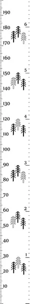 Kinder-Höhendiagramm im minimalistischen skandinavischen Stil mit niedlichen Bäumen. Meter Wand oder Höhe Meter, Zentimeter und Zoll Skala. Vektorillustration — Stockvektor