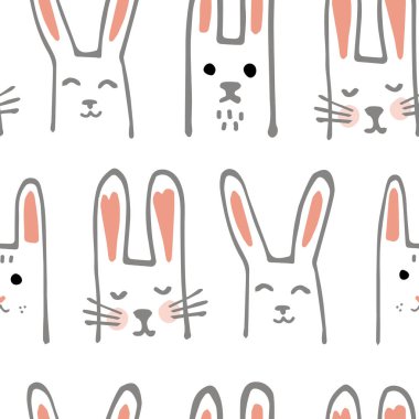 Sevimli çizgi bebeği tavşan veya Bunny Seamless modeli. Vektör çizim. Elle çizilmiş Doodle arka plan