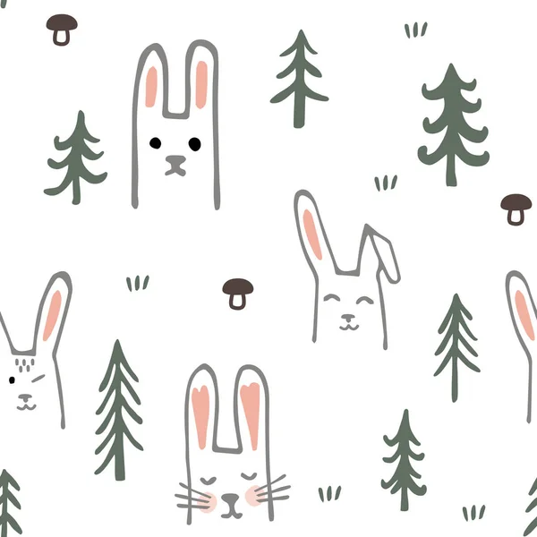 Nahtloses Muster mit süßen Hasen und Bäumen. Cartoonwald. Kindliche Textur. Vektorillustration — Stockvektor
