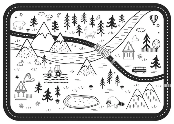 Black and White Kids Road Play Mat. Vector River, Mountains dan Woods Adventure Map dengan Rumah, Kayu, Lapangan, dan Hewan. Seni Gaya Skandinavia - Stok Vektor