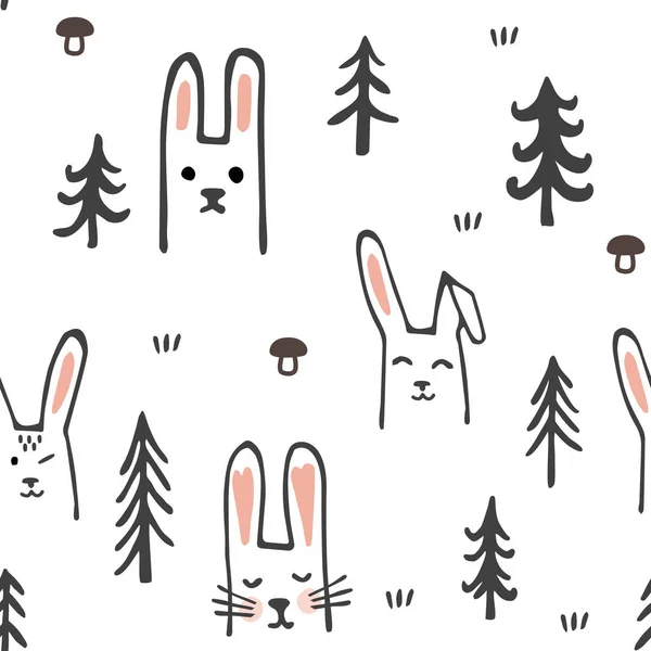 Tatlı tavşan ve ağaçları ile Seamless modeli. Çizgi film orman. Çocukça doku. Vektör çizim — Stok Vektör